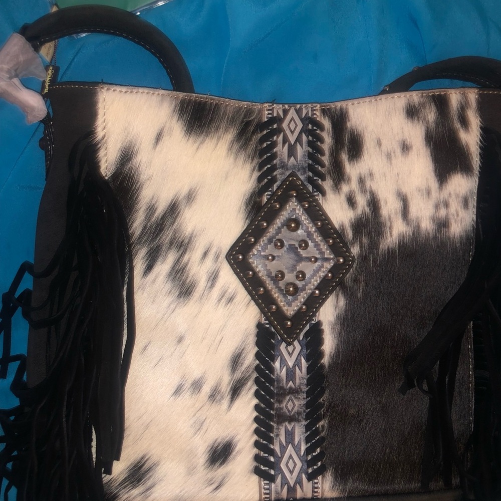 Trinity Ranch CowHide (Large Bag)Black & White Purse W/ Black Fringes